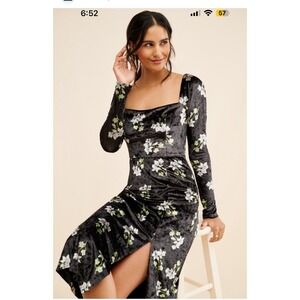 Anthropologie Hutch black velvet floral midi dress small spring wedding guest‎